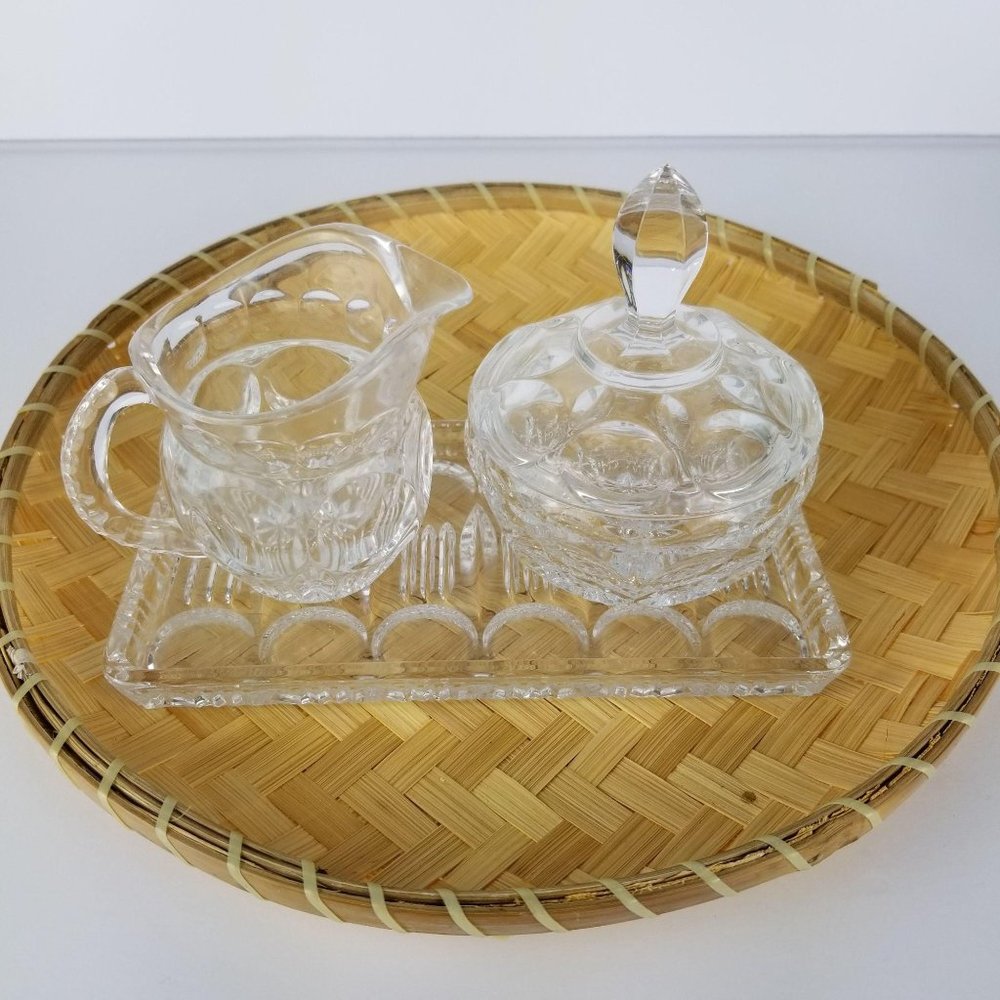 Vintage Clear Pressed Glass Creamer and Lidded Sugar Bowl Set with Glass Tray